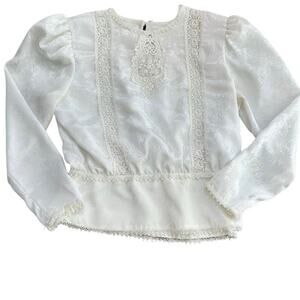 Dim The Lites Women's White Long Sleeves Satin Lace Blouse Top Petites Size 6